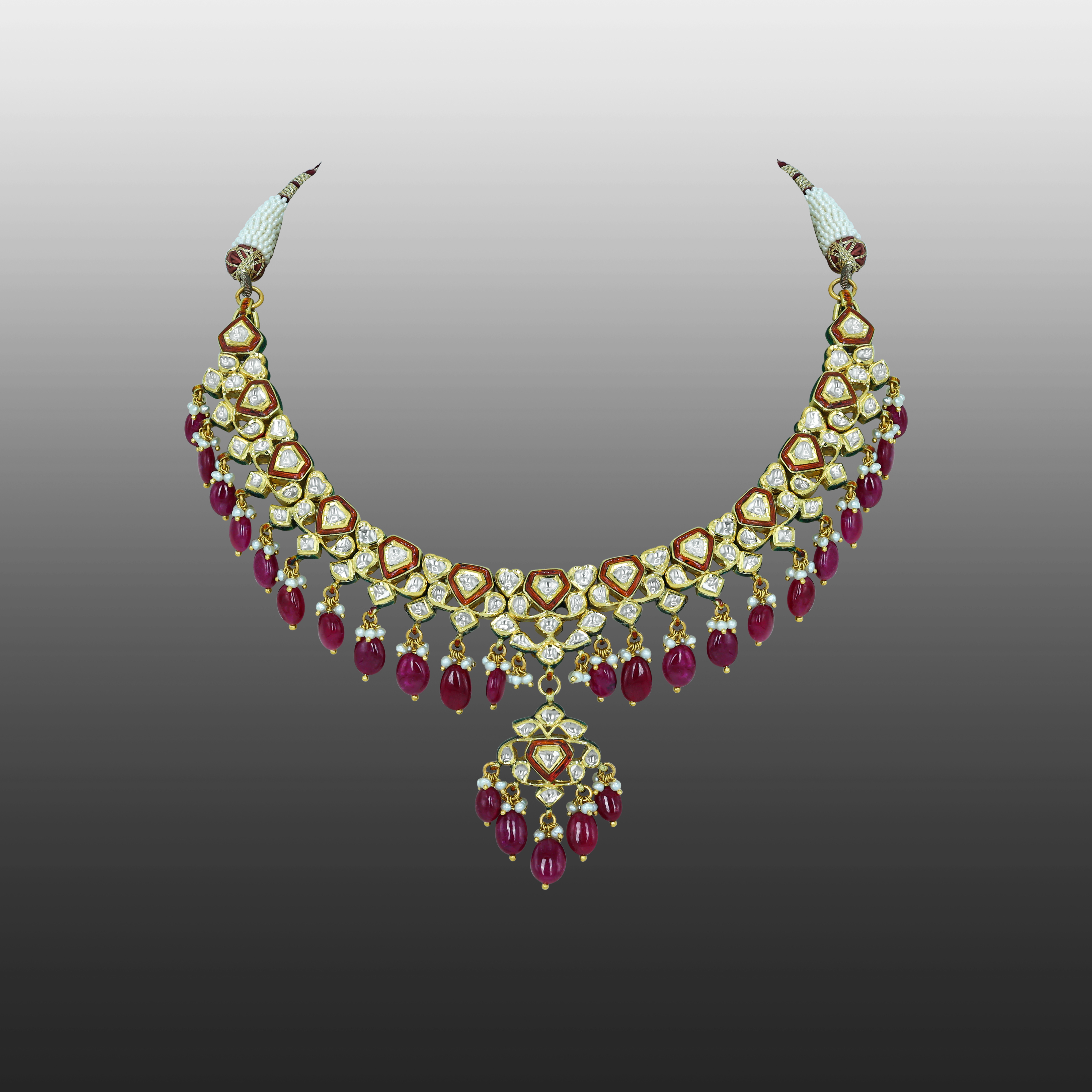 Polki Necklace with Ruby Drops and Red Enamel